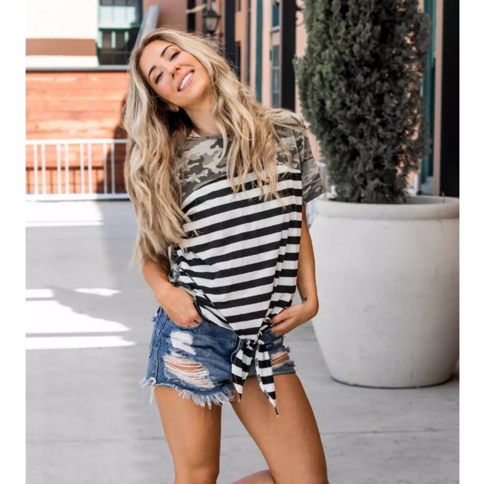 Camo and Stripes knot front tee